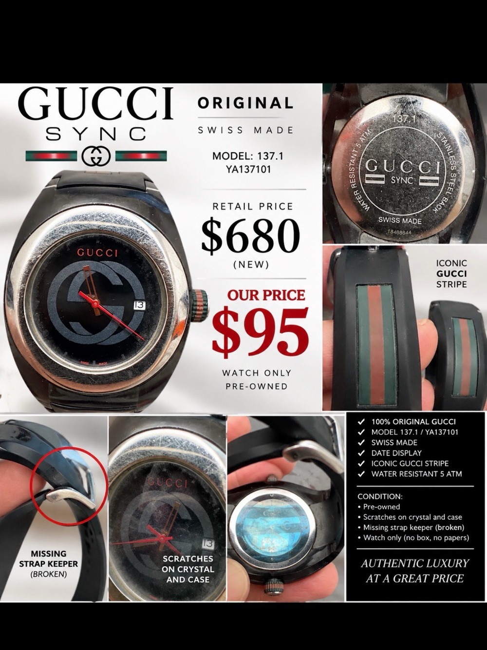 Gucci Men's Black Watch with Red and Green Stripe Silicone Strap